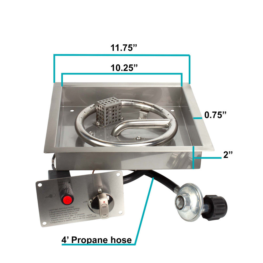 Measurements of the 10" Square CSA Certified Propane fire pit kit