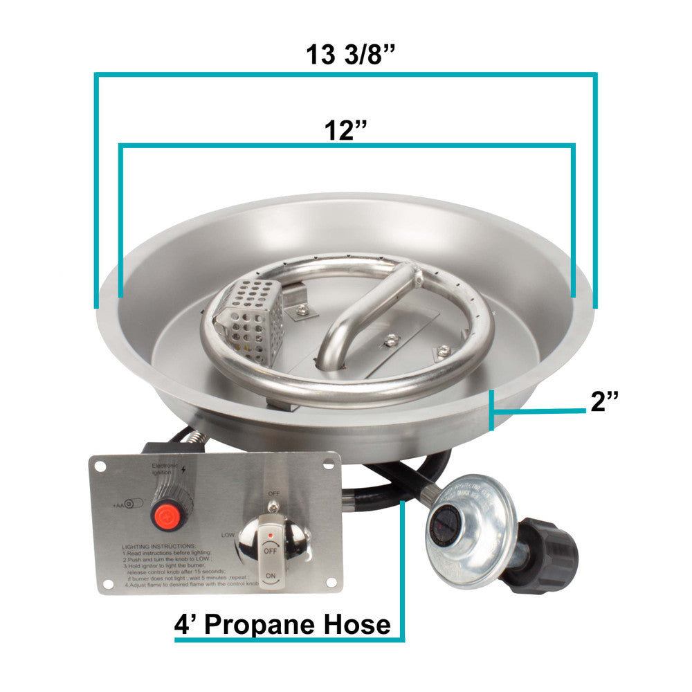 Measurements of a 12" round CSA certified propane fire pit kit