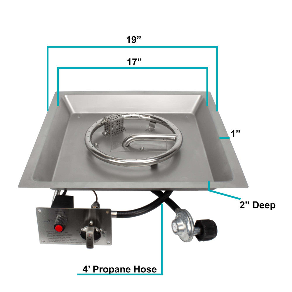 Measurements of a 17" square CSA certified propane fire pit kit