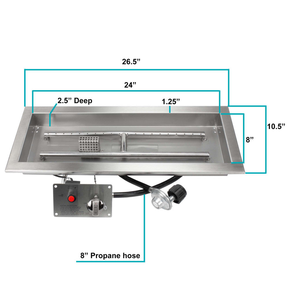 Measurements of a 24" x 8" CSA certified propane fire pit kit