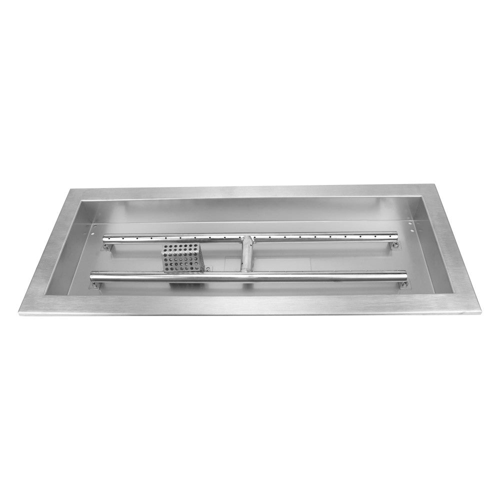 The pan and burner of a 24" x 8" CSA Certified fire pit.