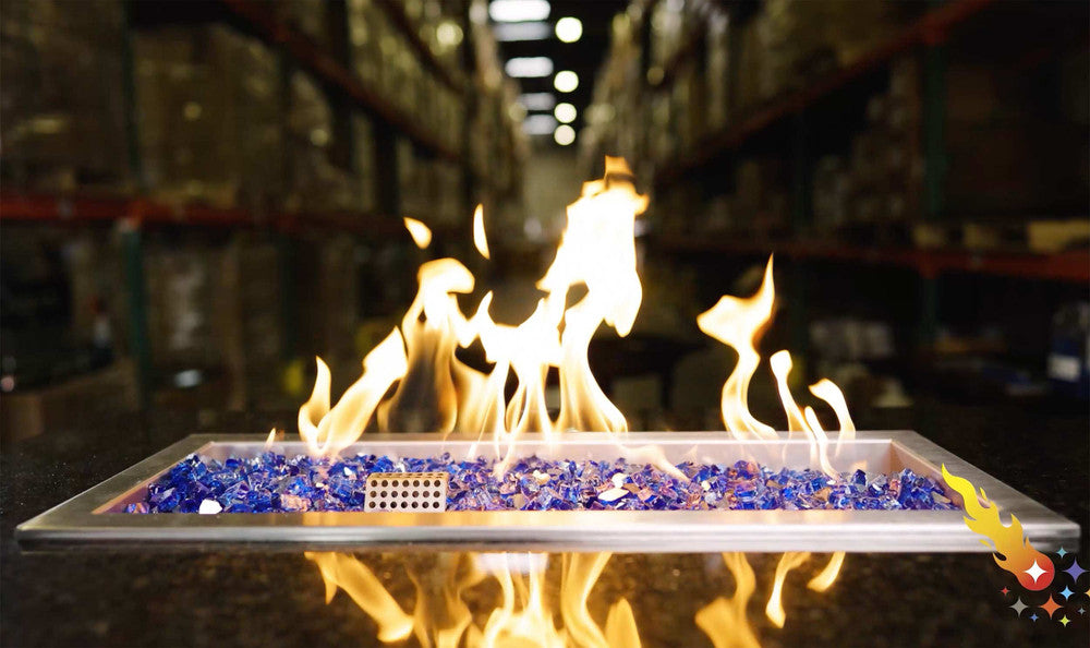 24" x 8" by CSA Certified propane fire pit with flame.