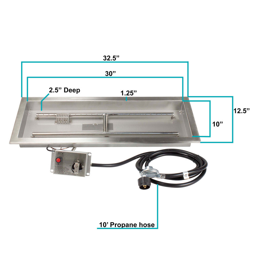Measurements of a 30" x 10" CSA certified propane fire pit