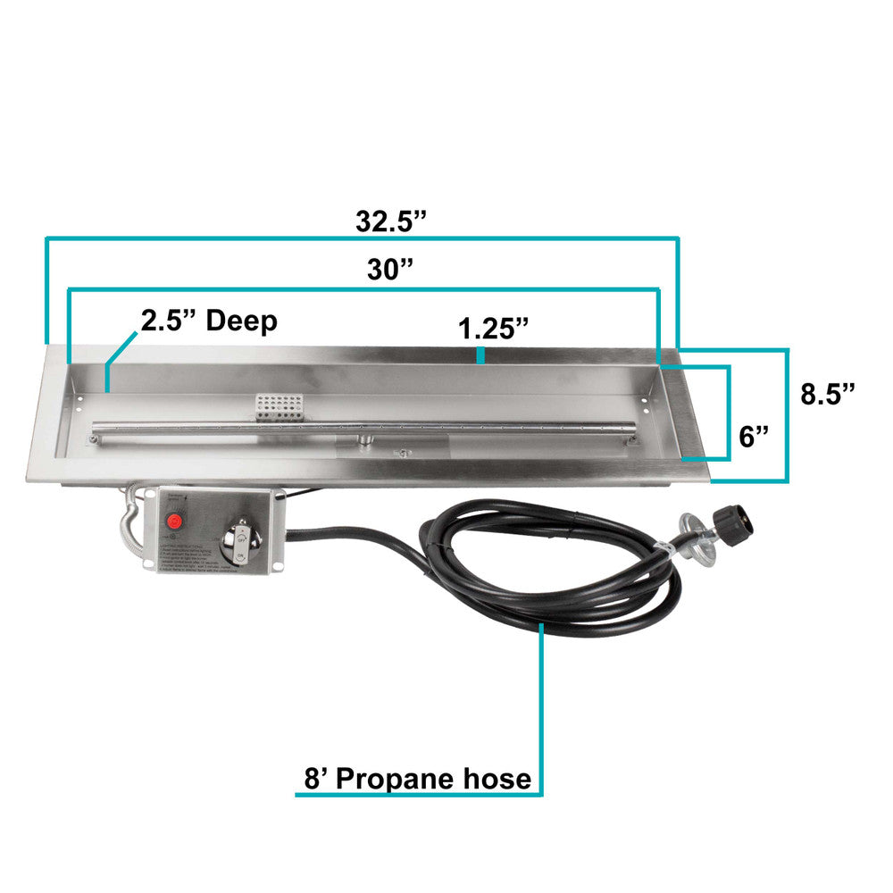 Measurements of a 30" x 6" CSA certified propane fire pit kit