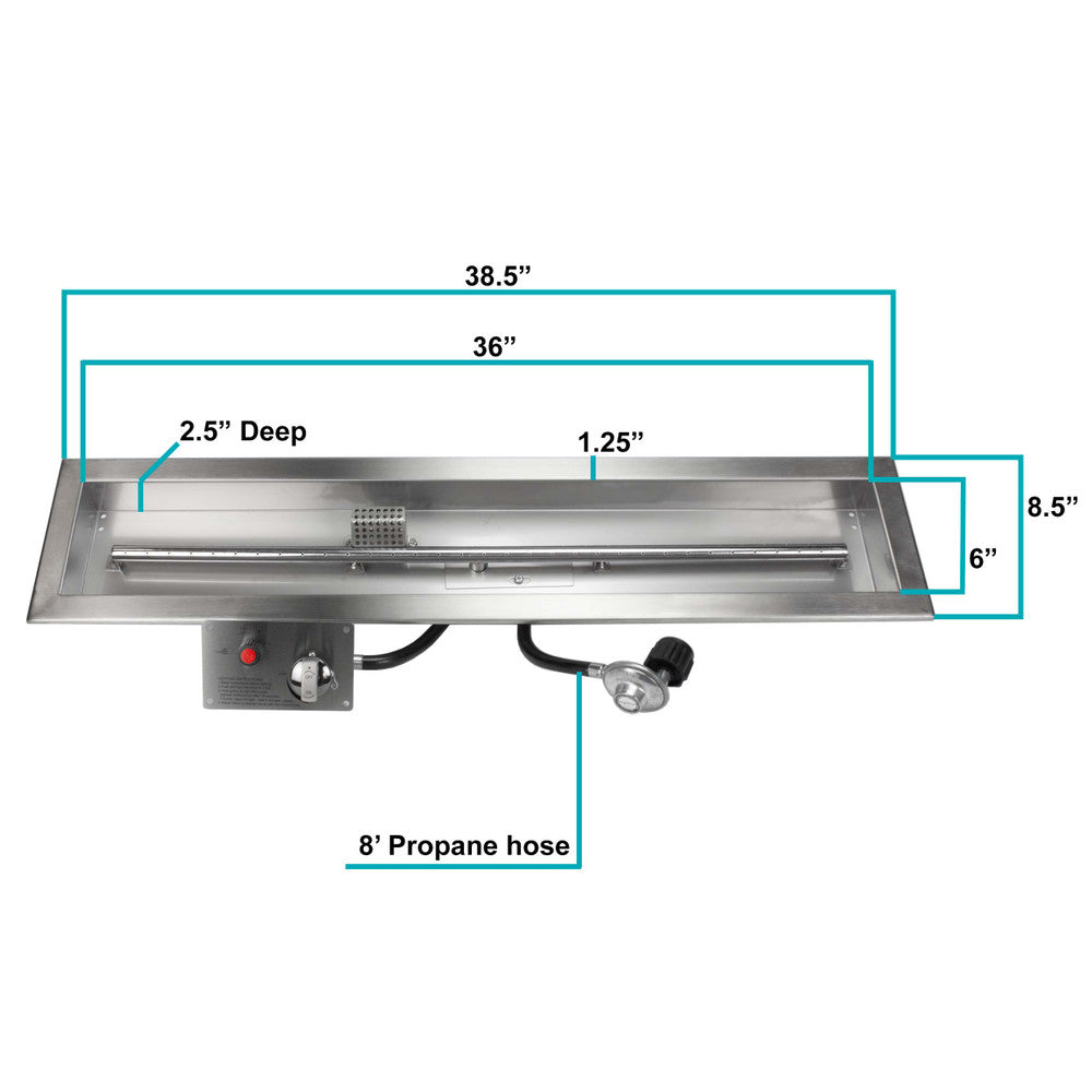 Measurements of a 36" x 6" CSA certified propane fire pit burner kit