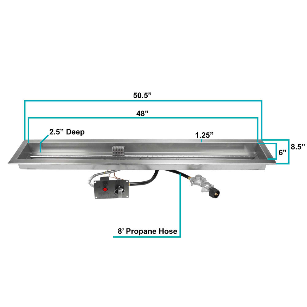 Spec sheet with measurements of a 48" x 6" CSA certified 48" x 6" propane fire pit burner kit