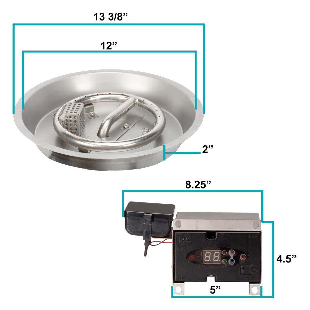 Measurements of our 12" round remote control fire pit kit for propane