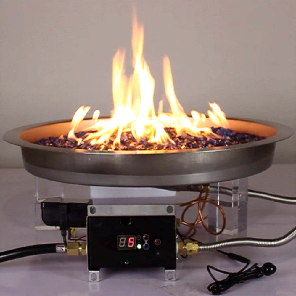 Flames from a natural gas powered 19" round remote control fire pit kit