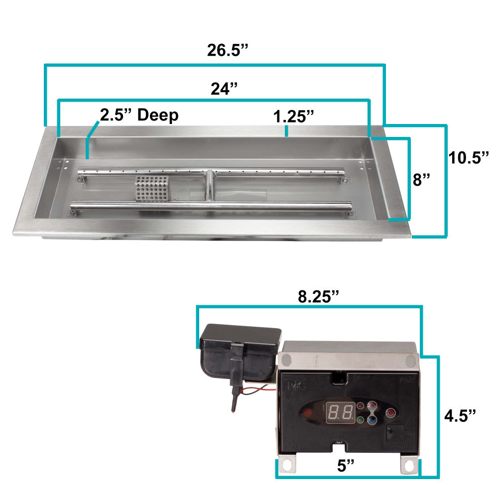 Measurements of a 24" x 8" Remote Control Burner Kit for Natural Gas