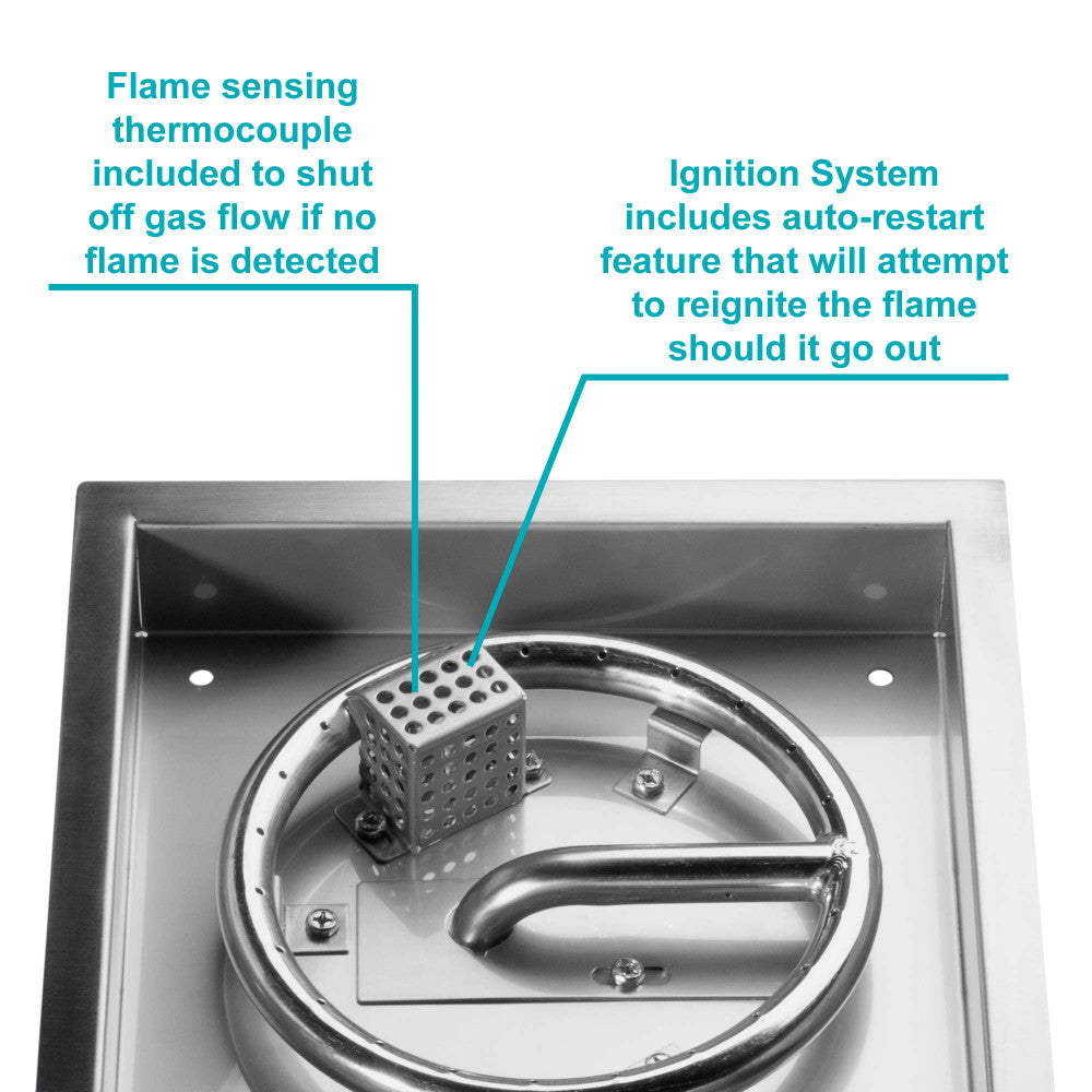 Ignition system components on a 10" Square Celestial Remote Control Natural Gas Fire pit kit.