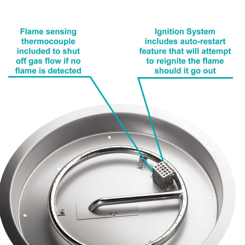 Details on the ignition system of a 19" Round Remote Control Natural Gas Fire Pit Kit.