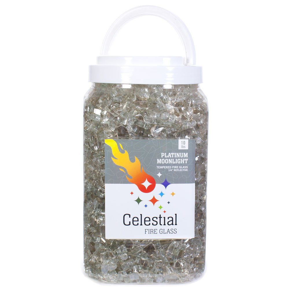 10lb jar of half inch Platinum Moonlight Reflective Tempered Fire Glass