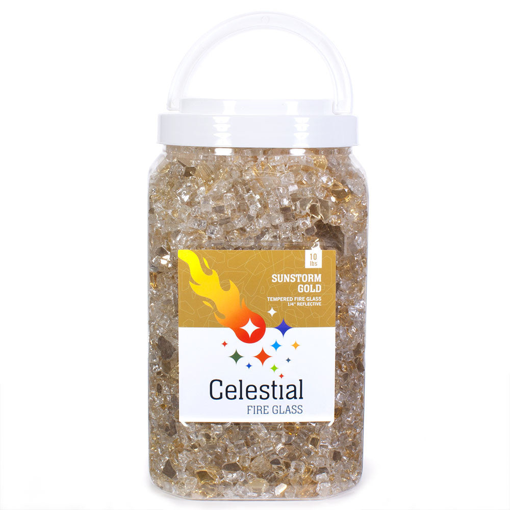 10lb jar of half inch gold reflective tempered fire glass pieces-- the jar is reusable and stores away easily