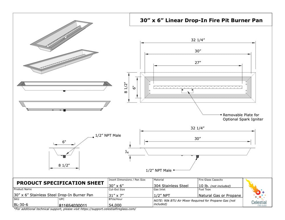 Specifications of 30" x 6" Linear Drop-In Fire Pit Pan