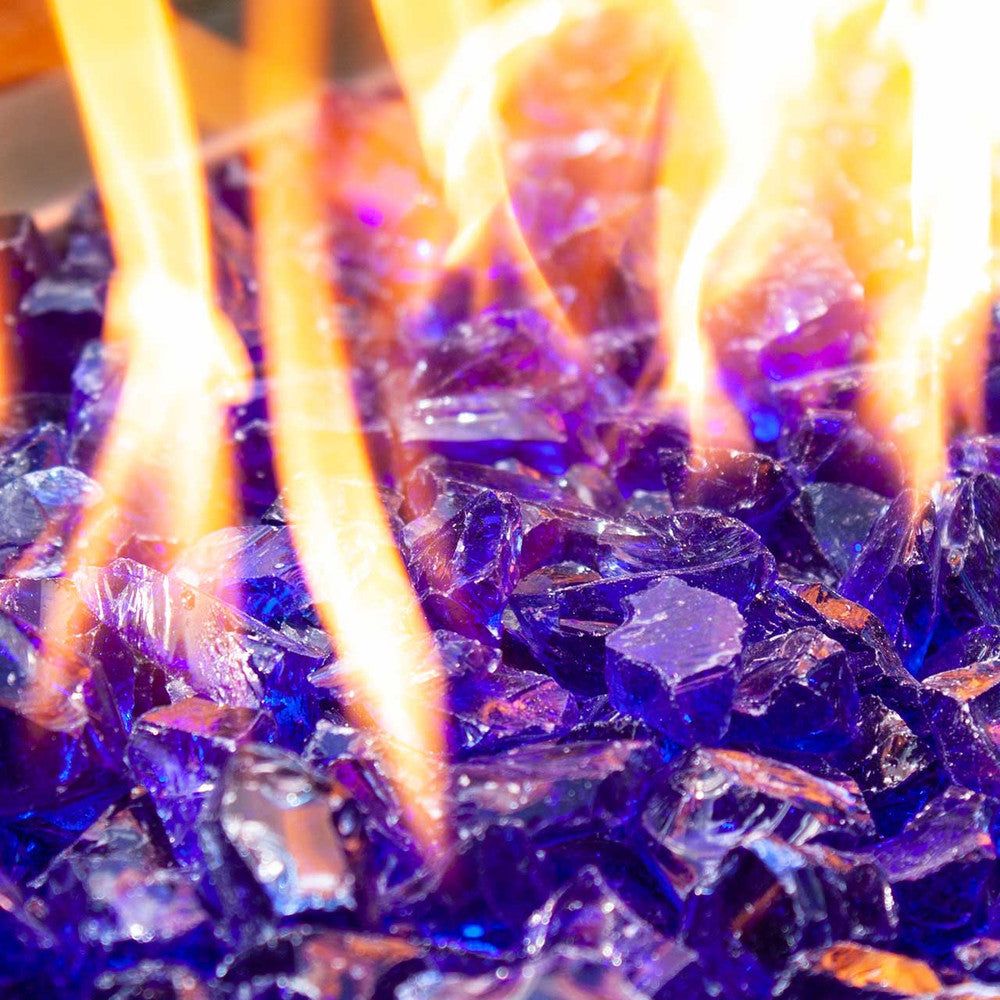 Close-up of indigo blue Crushed Fire Glass in fire pit