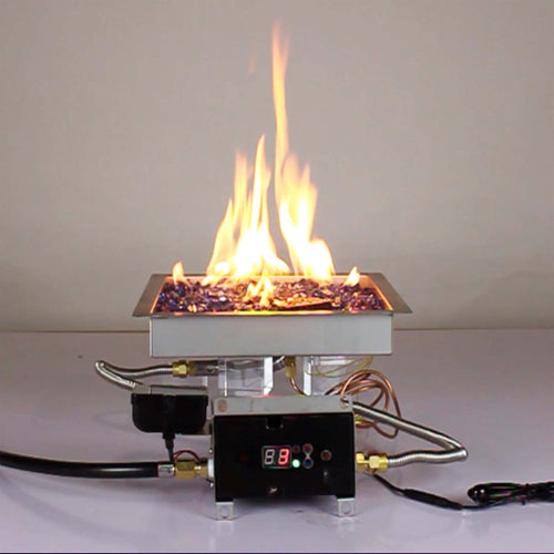 Flames from a propane powered 10" square remote control fire kit