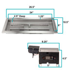 Measurements of a 24" x 8" Remote Control Burner Kit for Natural Gas