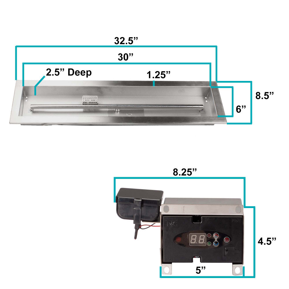 Measurements of our 30" x 6" Natural Gas Remote Control Burner kit
