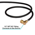 Use the 90° fitting of the 90k btu connection kit to connect to your gas source