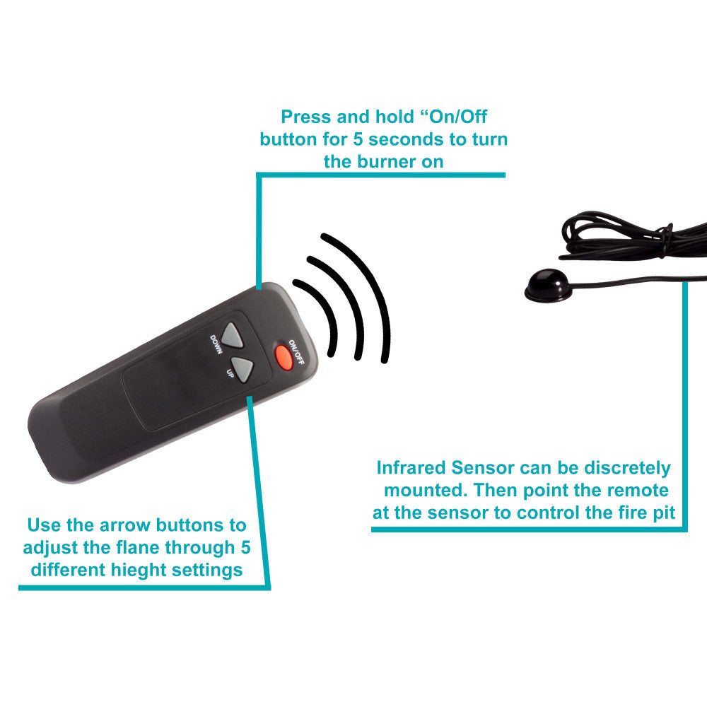 Remote and sensor of a 19" square remote fire pit burner kit for natural gas. 